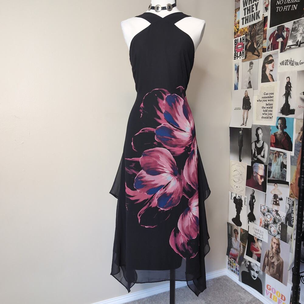 Floral Chiffon Crisscross Halter Neck Y2k Midi Dress